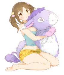  :o barefoot blush brown_eyes brown_hair commentary_request dani-ikapi female full_body hair_ornament hugging_doll hugging_object idolmaster idolmaster_cinderella_girls looking_at_viewer short_twintails shorts simple_background solo stuffed_animal stuffed_donkey stuffed_toy tank_top totoki_airi twintails yellow_shorts 