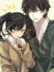  1boy ^_^ bad_id bad_pixiv_id black_hair blunt_bangs blush breasts brown_cardigan brown_eyes cardigan closed_eyes collared_shirt enomoto_takane facing_viewer female finger_to_mouth green_cardigan hair_between_eyes height_difference holding holding_pen kagerou_project kokonose_haruka lightning_bolt_symbol long_hair long_sleeves looking_at_viewer mitsu_yomogi mole mole_under_eye open_collar open_mouth pen pout school_uniform shirt short_hair simple_background small_breasts sweat sweatdrop sweater tears thumb_to_mouth twintails upper_body v-neck white_background white_shirt yellow_background yellow_eyes yuukei_yesterday_(vocaloid) 