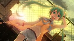  aqua_eyes aqua_hair commentary_request dutch_angle female hatsune_miku headphones kunishi_rei lens_flare long_hair looking_at_viewer md5_mismatch midriff navel necktie open_mouth outdoors photoshop_(medium) project_diva_(series) project_diva_2nd resolution_mismatch shorts sky smile solo sunset twintails very_long_hair vocaloid white_shorts wind yellow_(vocaloid) 