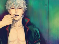  1boy bad_id bad_pixiv_id commentary_request gintama kyuugou_(ninekoks) male_focus mouth_pull open_clothes open_shirt red_eyes sakata_gintoki shirt solo white_hair 