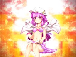  alternate_headwear bare_shoulders bikini book bow commentary_request crescent female hairbow hat highres kazetto long_hair looking_at_viewer navel patchouli_knowledge photoshop_(medium) pink_bikini purple_eyes purple_hair reading sitting solo swimsuit touhou very_long_hair 