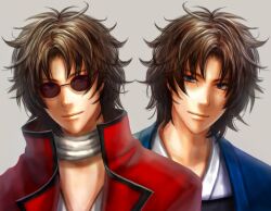  2boys bad_id bad_pixiv_id blue_eyes brown_hair curly_hair dual_persona gintama grey_background haru_(toyst) multiple_boys photoshop_(medium) sakamoto_tatsuma scarf simple_background sunglasses 