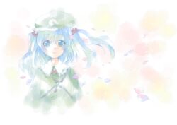  blue_eyes blue_hair blush commentary_request ech female hair_bobbles hair_ornament hat kawashiro_nitori key looking_at_viewer open_mouth petals short_hair solo touhou two_side_up wind 