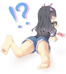  !? alternate_costume ass barefoot black_hair blush bow casual choujigen_game_neptune_mk2 commentary_request feet female food foreshortening from_behind hair_ornament hairbow handheld_game_console kami_jigen_game_neptune_v long_hair looking_at_viewer looking_back lying minagi neptune_(series) on_stomach playstation_portable pocky red_eyes shorts sideways_glance soles solo strawberry_pocky toes uni_(neptunia) 