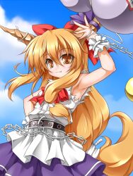  :3 armpits belt bow bracelet brown_hair chains cloud commentary_request day female gourd hair_tubes hairbow hand_on_own_hip horns ibuki_suika jewelry long_hair looking_at_viewer low-tied_long_hair oerba_yun_fang orange_eyes orange_hair ribbon roura skirt sky sleeveless smile solo touhou very_long_hair 