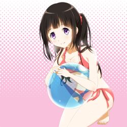  alternate_hairstyle bad_id bad_pixiv_id ball barefoot beachball bikini black_hair chitanda_eru female hakuda_tofu halftone halftone_background hyouka kneeling long_hair photoshop_(medium) pink_background ponytail purple_eyes red_bikini side-tie_bikini_bottom solo swimsuit transparent 