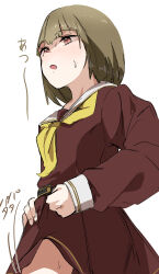  absurdres bob_cut brown_dress brown_hair clothes_lift commentary_request dress dress_lift female hasu_no_sora_school_uniform highres hot kachimachi_kosuzu lifting_own_clothes llb long_sleeves love_live! love_live!_hasu_no_sora_jogakuin_school_idol_club neckerchief open_mouth pink_eyes sailor_collar sailor_dress school_uniform short_hair simple_background solo virtual_youtuber white_background white_sailor_collar winter_uniform yellow_neckerchief 