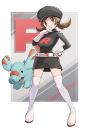  absurdres belt black_hat black_shirt black_skirt boots breasts brown_eyes brown_hair commentary_request female full_body gloves gonzarez grin hat highres holding holding_poke_ball looking_at_viewer lyra_(pokemon) medium_breasts phanpy poke_ball poke_ball_(basic) pokemon pokemon_(creature) pokemon_heartgold_and_soulsilver sagging_breasts shirt simple_background skirt smile team_rocket team_rocket_uniform thigh_boots white_background white_belt white_boots white_gloves 