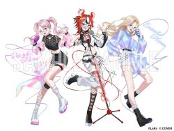  3girls animal_ears ankle_boots arm_strap asymmetrical_clothes asymmetrical_pants belt belt_boots black_belt black_boots black_jacket black_shirt black_skirt black_streaks blonde_hair blue_eyes blue_jacket blue_nails boots character_name commentary_request copyright_logo copyright_notice criss-cross_halter crop_top cropped_jacket cropped_shirt curtains detached_sleeves earrings fingerless_gloves fishnet_gloves fishnet_thighhighs fishnets gloves hair_ornament hair_tie hakos_baelz hakos_baelz_(monochrome_dancer) halterneck high-waist_skirt high_heel_boots high_heels highres himehina_channel holding holding_microphone hololive hololive_english iridescent_clothes iridescent_jacket jacket jewelry kawausoman knee_boots lace_trim logo long_sleeves microphone microphone_stand midriff miniskirt mouse_ears mouse_girl multicolored_hair multicolored_jacket multiple_belts multiple_girls navel official_art overskirt pants pink_hair pocket purple_eyes purple_jacket purple_nails purple_streaks red_hair red_nails sample_watermark see-through_clothes see-through_socks shirt shoes short_sleeves shorts singing single_pantsleg single_sleeve single_thighhigh skirt sneakers socks streaked_hair sunglasses suzuki_hina tanaka_hime thigh_strap thighhighs twintails two-tone_jacket ultra_c_(vocaloid) wallet_chain watermark white_belt white_hair white_jacket white_pants white_shirt white_shoes white_shorts white_socks white_thighhighs x_hair_ornament 