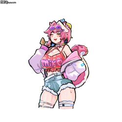  absurdres animal_ears armpit_crease artist_name bare_shoulders belt bikini blaparky blue_shorts blush breasts cat-shaped_eyewear commentary cosplay english_commentary female hair_intakes hair_ornament hairclip highres holding holding_water_gun hololive hololive_dreams hololive_english huge_breasts jacket long_sleeves looking_at_viewer medium_hair multicolored_hair navel one_eye_closed open_clothes open_jacket open_mouth panther_ears panther_girl panther_tail pink-tinted_eyewear pink_bikini pink_hair pink_jacket pink_tail raora_panthera sakura_miko sakura_miko_(cosplay) sakura_miko_(radiant_beach_shot) shorts simple_background smile solo stomach streaked_hair sunglasses sweat swimsuit tail thigh_belt thigh_strap thighs tinted_eyewear twitter_username virtual_youtuber water_gun white-framed_eyewear white_background white_belt yellow_eyes 