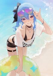  :d absurdres adjusting_eyewear beach bikini bikini_top_under_shirt bikini_under_clothes black_bikini black_choker black_shorts blue_eyes blue_hair breasts choker cleavage clothes_writing commentary day eyewear_on_head female gradient-tinted_eyewear grin hand_up highres holding holding_swim_ring hololive hololive_dreams hoshimachi_suisei hoshimachi_suisei_(water_gun_arpeggio) jacket jewelry leaning_forward long_hair looking_at_viewer necklace o-ring o-ring_thigh_strap outdoors pinky_out serelith shirt short_shorts shorts side_ponytail small_breasts smile solo sunglasses swim_ring swimsuit symbol_in_eye t-shirt thigh_strap tinted_eyewear untranslatable_commentary white_shirt 