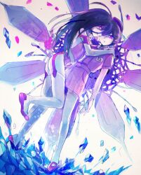  2girls ass bare_shoulders belt black_hair commentary_request cyborg debris dress from_side ground_shatter hair_between_eyes hand_on_another's_shoulder hat light_smile long_hair looking_at_viewer mechanical_wings multiple_girls nurse_cap pink_dress pink_shoes purple_eyes qniokun rensa_#28 rensa_#29 rensa_(toaru_majutsu_no_index) science_fiction shoes short_dress short_sleeves standing standing_on_one_leg thighhighs toaru_majutsu_no_index toaru_majutsu_no_index:_new_testament white_background white_belt white_thighhighs wings 