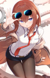  absurdres belt black_pantyhose black_shorts blue_eyes blush breasts brown_jacket collared_shirt commentary_request eyewear_on_head female gears ginga_no_kou hair_between_eyes highres jacket lab_coat leather_belt long_hair long_sleeves looking_at_viewer makise_kurisu necktie open_mouth pantyhose pantyhose_under_shorts red_hair red_necktie science_adventure shirt shorts solo steins;gate sunglasses thigh_gap white_belt white_shirt 