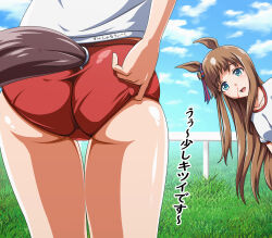  2girls adjusting_buruma adjusting_clothes animal_ears aroused_nosebleed ass ass_focus blood blue_bow blue_eyes blue_sky blush bow brown_hair buruma cloud commentary_request day ear_bow from_behind grass grass_wonder_(umamusume) gym_uniform highres horse_ears horse_girl horse_tail long_hair manman_(nicoseiga_273840) multiple_girls nosebleed open_mouth outdoors railing red_buruma shirt sky special_week_(umamusume) tail translation_request umamusume white_shirt 
