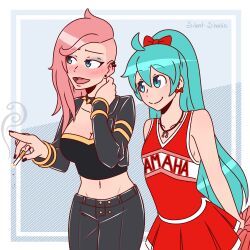  2girls ahoge alternate_costume alternate_hairstyle aqua_eyes aqua_hair artist_name asymmetrical_hair black_choker black_jacket black_nails black_pants black_shirt blush bow bow_earrings breasts cheerleader choker cigarette cleavage closed_mouth clothes_writing collarbone commentary crop_top cropped_jacket ear_piercing earrings english_commentary eyelashes eyeshadow fingernails hair_between_eyes hairbow hand_on_own_neck hatsune_miku holding holding_cigarette holding_pom_poms jacket jewelry lips long_hair long_sleeves makeup megurine_luka midriff multiple_girls musical_note musical_note_necklace nail_polish navel necklace nose_blush open_clothes open_jacket open_mouth pants piercing pink_hair pom_pom_(cheerleading) ponytail punk red_bow red_shirt red_skirt redrawn shirt sidecut silent-shanin skirt sleeveless sleeveless_shirt smile smoke spiked_choker spikes split_mouth teeth undercut very_long_hair vocaloid yuri 