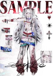  @_@ absurdres adoptable angel_wings belt black_belt black_hair blood blood_bag blood_on_clothes blue_belt bracelet breastless_clothes breasts chest_strap chest_tattoo chinese_commentary commentary_request cross cross_print disembodied_eye ear_wings expressionless fashion feathered_wings female full_body gem gradient_hair hair_ornament hair_over_one_eye hairclip halo hand_up heart high_collar highres injury jacket jewelry layered_clothes long_hair long_sleeves looking_at_viewer multicolored_hair multiple_rings one_eye_covered original pants piercing pink_belt print_jacket print_pants red_gem red_nails red_shoes red_streaks ring sample_watermark scar_on_lip self-harm shoes small_breasts sneakers solo spiked_halo spiked_wristband standing streaked_hair tattoo techwear torn_clothes two_side_up very_long_hair watermark white_background white_belt white_jacket white_pants white_wings wing_piercing wings xiao_fanshu yami_kawaii zipper zoom_layer 