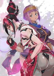  2girls ass baggy_pants blunt_bangs bracelet breasts chinese_clothes collar crystal_ball dark-skinned_female dark_skin drill_hair dudou fingerless_gloves gloves green_eyes hair_horns jewelry juri_han kuwango looking_at_viewer medium_breasts menat multiple_girls panties_over_leggings pants purple_hair short_hair spiked_anklet spiked_bracelet spiked_collar spikes street_fighter street_fighter_6 street_fighter_v twin_drills 