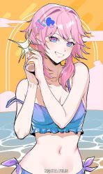  bare_shoulders bikini blue_bikini blue_eyes female grin highres honkai:_star_rail honkai_(series) looking_at_viewer march_7th_(honkai:_star_rail) medium_hair navel nocta_felis pink_hair purple_eyes smile solo stomach strap_slip swimsuit two-tone_eyes upper_body 