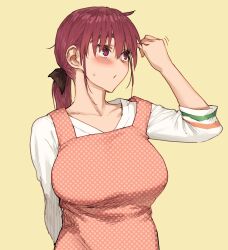  absurdres apron blush breasts female highres large_breasts long_sleeves looking_to_the_side medium_hair orange_apron original ponytail red_eyes red_hair shirt shoe-ji thick_eyebrows white_shirt 