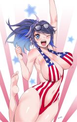  absurdres american_flag american_flag_bikini american_flag_print american_flag_swimsuit bikini black_hair blue_eyes blue_hair breasts cleavage female flag_print fourth_of_july glasses highres kivo kson large_breasts long_hair looking_at_viewer mole mole_under_eye multicolored_hair navel one-piece_swimsuit ponytail print_bikini smile solo streaked_hair swimsuit united_states virtual_youtuber vshojo 