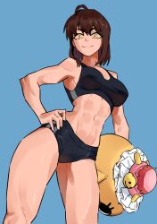  abs ahoge armpits bare_arms bare_shoulders black_buruma black_sports_bra blue_background breasts brown_hair buruma chiitan closed_mouth commission contrapposto cowboy_shot dingotoad female hair_between_eyes hand_on_own_hip highres holding holding_mascot_head large_breasts looking_at_viewer mascot_head medium_hair midriff navel simple_background smile solo split_mouth sports_bikini sports_bra standing susaki thick_eyebrows toned_female v-shaped_eyebrows yellow_eyes 