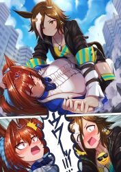  2girls animal_ears blue_sky blush brown_hair building city cloud commission daiwa_scarlet_(umamusume) giant giantess hair_intakes hair_over_one_eye highres horse_ears horse_girl horse_tail long_hair multicolored_hair multiple_girls open_mouth outdoors red_eyes same_kujira_(challenger_310) skeb_commission sky streaked_hair tail tiara twintails two-tone_hair umamusume very_long_hair vodka_(umamusume) white_hair 