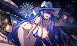  :3 ;d aerial_fireworks alternate_costume american_flag american_flag_bikini american_flag_print armband artist_name ass azur_lane bare_shoulders beach bikini bird blue_eyes blue_hair breasts chick choker cleavage collarbone commentary cowboy_hat eyebrows_hidden_by_hair eyewear_on_headwear female fireworks flag_print fourth_of_july hair_between_eyes hand_on_own_thigh hat highres large_breasts leaning_forward long_hair looking_at_viewer manjuu_(azur_lane) new_jersey_(azur_lane) night night_sky oerba_yun_fang one_eye_closed open_mouth outdoors print_bikini psidubs salute sidelocks sky smile solo standing star-shaped_eyewear star_(symbol) stomach swimsuit umbrella wristband 