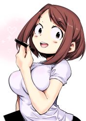  :d boku_no_hero_academia breasts brown_hair female heart holding holding_pen large_breasts medium_hair naruse_yasuhiro open_mouth pen pixel_heart shirt smile solo teeth upper_teeth_only uraraka_ochako white_shirt 