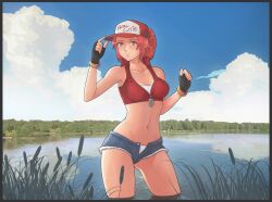  baseball_cap black_gloves breasts cattail character_request cleavage cloud commentary cowboy_shot cropped_vest denim denim_shorts everlasting_summer female fingerless_gloves gloves hat highres lake leonzo medium_breasts open_fly panties plant red_eyes red_hair short_shorts shorts smile solo underwear vest wading white_panties zipper_pull_tab 