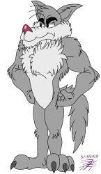  3_toes 4_fingers ankles_together anthro arm_tuft back_tuft belly biped black_eyebrows black_eyes canid canine canis cheek_tuft chest_fur chest_tuft chin_tuft claws colored countershade_torso countershading dated detailed digital_drawing_(artwork) digital_media_(artwork) elbow_tuft eyebrows facial_tuft feet finger_claws fingers fist_on_own_hip frown fur gaze glare grey_body grey_fur half-closed_eyes hands_on_hips head_tuft hi_res humanoid_feet knee_tuft leg_tuft male mammal multicolored_body multicolored_fur muscular muscular_anthro muscular_male narrowed_eyes nude paws pecs pink_nose pinup plantigrade pose ribs shaded shoulder_tuft signature solo standing stern stern_look tan_eyebrows thick_eyebrows thomas_timber_wolf timber_wolf_(series) toe_claws toes tuft two_tone_body two_tone_fur white_belly white_body white_fur white_sclera wolf zgrooz 