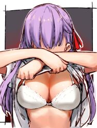  bra breasts cleavage clothes_lift dress fate/stay_night fate_(series) female hair_ribbon heaven&#039;s_feel highres kei_(soundcross) large_breasts long_hair matou_sakura purple_hair red_ribbon ribbon short_sleeves underwear undressing white_bra white_dress 