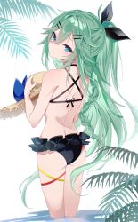  bare_back bare_shoulders bikini black_bikini black_ribbon blue_eyes blush closed_mouth fathom female frilled_bikini frills from_behind green_eyes green_hair hair_between_eyes hair_flaps hair_ornament hair_ribbon hairclip hat highres kantai_collection long_hair looking_at_viewer looking_back ponytail ribbon solo straw_hat sun_hat swimsuit thighs yamakaze_(kancolle) yamakaze_kai_ni_(swimsuit_mode)_(kancolle) 