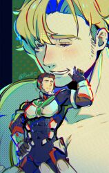  2boys ao_isami bara black_hair blonde_hair blush couple crying facial_hair giant giant_male happy happy_tears highres in_palm large_pectorals lewis_smith male_focus multiple_boys muscular muscular_male nude pectorals pilot_suit rum31c sideburns_stubble smile stubble tears thick_eyebrows upper_body yaoi yuuki_bakuhatsu_bang_bravern 