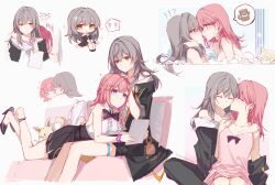  !? 2girls absurdres asta_(honkai:_star_rail) black_jacket blue_eyes braid chibi closed_eyes closed_mouth couch grey_hair headpat highres honkai:_star_rail honkai_(series) jacket kissing kissing_cheek long_hair long_sleeves looking_at_another multiple_girls multiple_views off-shoulder_shirt off_shoulder on_couch peppy_(honkai:_star_rail) pink_hair same-sex_bathing shared_bathing shirt simple_background sitting smile stelle_(honkai:_star_rail) trailblazer_(honkai:_star_rail) white_shirt yajuu yellow_eyes yuri 