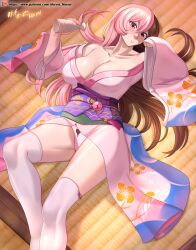  artist_name bare_shoulders blue_kimono blush breasts brown_eyes brown_hair cleavage closed_mouth collarbone commentary english_commentary feet_out_of_frame female floral_print hands_up heterochromia highres japanese_clothes kimono large_breasts long_hair long_sleeves looking_at_viewer lying multicolored_clothes multicolored_hair multicolored_kimono neo_politan obi off_shoulder on_back orange_kimono panties patreon_logo patreon_username pink_eyes pink_hair pink_kimono purple_sash rwby sash solo split-color_hair thick_thighs thighhighs thighs tokkuri two-tone_hair underwear variant_set vilde_loh_hocen white_panties white_thighhighs wide_sleeves yukata 