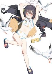  ahoge armpits arms_up bikini bird black_hair blue_archive braid breasts bright_pupils chinese_commentary choker commentary_request congming_lan crocs facing_viewer female floral_print full_body grey_halo halo hat_on_back highres lace lace_choker long_hair looking_ahead lying miyu_(blue_archive) miyu_(swimsuit)_(blue_archive) official_alternate_costume on_back parted_lips print_bikini red_eyes seagull simple_background small_breasts solo swimsuit tears twin_braids white_background white_bikini white_pupils 