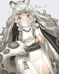  absurdres animal_ear_fluff animal_ears arknights belt blush braid breasts dress female flying_sweatdrops grey_hair highres jewelry large_breasts leopard_ears leopard_girl leopard_tail long_hair looking_at_viewer necklace pelvic_curtain pout pramanix_(arknights) purple_eyes shoe-ji side_braids solo tail thighhighs translation_request turtleneck very_long_hair white_dress 