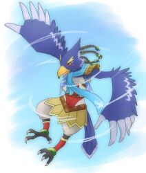  anthro armor avian beak blue_body blue_feathers breath_of_the_wild feather_hands feathers hi_res male membrane_(anatomy) membranous_wings multicolored_body multicolored_feathers nintendo raptor_roar22 revali rito scarf tail tail_feathers the_legend_of_zelda white_body white_feathers wings 