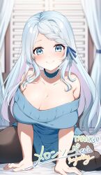  arm_support bare_shoulders bed_sheet black_pantyhose blue_eyes blue_hair blue_ribbon blue_sweater blurry blurry_background blush braid breasts choker cleavage closed_mouth commission commissioner_name curtains darjeeling_(reley) female hair_ornament hair_ribbon highres indie_virtual_youtuber kokorone_hana large_breasts long_hair looking_at_viewer off-shoulder_sweater off_shoulder on_bed pantyhose ribbon second-party_source signature skeb_commission solo sweater thank_you virtual_youtuber 