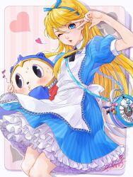  1boy alice_(alice_in_wonderland) alice_(alice_in_wonderland)_(cosplay) alice_in_wonderland apron arm_up bag black_ribbon blonde_hair blue_dress blue_hairband border character_doll collared_dress cosplay crossdressing dated dress feet_out_of_frame frilled_dress frills hair_between_eyes hairband heart highres holding kuma_(persona_4) long_hair looking_at_viewer male_focus musical_note neck_ribbon one_eye_closed open_mouth otoko_no_ko persona persona_4 puffy_short_sleeves puffy_sleeves qoo1234 ribbon short_sleeves shoulder_bag signature spoken_musical_note swept_bangs two-tone_dress w white_apron white_border 