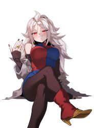  android_21 black_nails blush breasts crossed_legs dragon_ball dragon_ball_fighterz female grin high_heels highres lab_coat long_hair looking_at_viewer pantyhose red_eyes red_footwear sitting smile solo white_hair zequung 