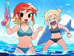  2girls bikini black_bikini black_eyes blonde_hair blue_bikini blush breasts day double_bun g_tsurius hair_bun holding holding_water_gun large_breasts looking_at_viewer multicolored_hair multiple_girls navel ocean open_mouth outdoors ramona_flowers red_hair roxanne_richter scott_pilgrim_(series) scott_pilgrim_takes_off short_hair small_breasts swimsuit two-tone_hair upper_body water water_gun 