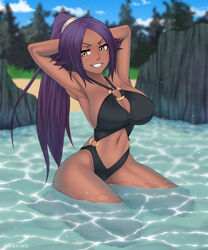  1girls arms_behind_head arms_up bare_arms bare_chest bare_legs bare_midriff bare_shoulders bare_thighs barefoot big_breasts bikini bleach breasts brown_skin busty center_opening cleavage curvaceous curvy curvy_body curvy_figure dark-skinned_female dark_skin female female_only fully_clothed grin hourglass_figure huge_breasts kneeling looking_at_viewer midriff on_knees outdoors partially_submerged ponytail purple_hair revealing_swimsuit rocky-ace shihouin_yoruichi skimpy skimpy_bikini slim_waist smile smiling solo solo_focus swimsuit thick_thighs tied_hair very_long_hair voluptuous water wet wet_body wet_skin wide_hips yellow_eyes 