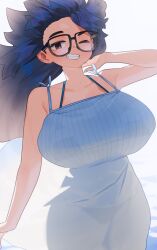  black-framed_eyewear blue_dress blue_hair breasts brown_eyes commission dress female florida_bikini grin highres huge_breasts long_hair looking_at_viewer one_eye_closed ryusei_hashida see-through see-through_dress skeb_commission smile very_long_hair 