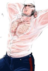  1boy arms_behind_head bara beard_stubble black_hair blank_eyes bursting_pectorals buzz_cut collared_shirt cowboy_shot facial_hair flying_button golden_kamuy kamureon large_pectorals long_sideburns male_focus mature_male muscular muscular_male open_clothes open_shirt pants pectoral_cleavage pectorals shirt short_hair sideburns solo stubble sweat sweaty_clothes tanigaki_genjirou thick_chest_hair thick_eyebrows very_short_hair very_sweaty 