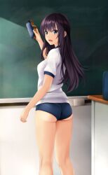  arm_up ass bag black_hair blue_buruma blue_eyes blush board_eraser breasts buruma chalk chalkboard classroom commentary_request eraser female grey_eyes gym_shirt gym_uniform hair_between_eyes highres holding indoors long_hair looking_at_viewer looking_back medium_breasts nonaka_ritsu open_mouth original puffy_short_sleeves puffy_sleeves purple_hair school_bag shirt short_sleeves small_breasts solo very_long_hair white_shirt 