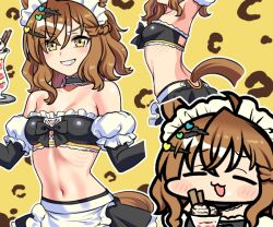  :d animal_ears armpits bare_shoulders blush breasts brown_eyes brown_hair chibi detached_sleeves female grin hair_ornament hairclip horse_ears horse_girl horse_tail jazz_jack jungle_pocket_(umamusume) looking_at_viewer maid_headdress medium_breasts medium_hair midriff multiple_views navel parfait smile strapless tail tube_top umamusume 