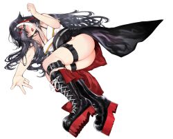  ass azur_lane belt black_hair boots breasts cleavage cross-laced_footwear deutschland_(azur_lane) female full_body long_hair looking_at_viewer lying multicolored_hair on_side open_mouth platform_boots platform_footwear red_hair streaked_hair takeakigaku teeth thigh_belt thigh_strap thighs upper_teeth_only v white_background white_hair 