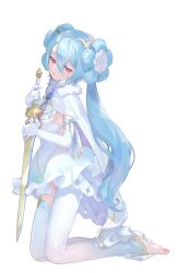  asymmetrical_legwear barefoot blue_hair breasts cape double_bun dress elbow_gloves female flower frilled_dress frills from_side full_body fur-trimmed_cape fur_trim gloves hair_between_eyes hair_bun hair_flower hair_ornament head_tilt highres holding holding_sword holding_weapon kneeling long_hair looking_at_viewer machico_maki original panties parted_lips qiya_(kia_098) red_eyes sideboob simple_background small_breasts solo sword thighhighs twintails underwear very_long_hair weapon white_background white_cape white_dress white_flower white_gloves white_panties 