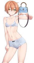  bag blush bra breasts closed_mouth dot_mouth female hair_between_eyes handbag hoshizora_rin looking_at_viewer love_live! love_live!_school_idol_project nasuno_(nasuno42) orange_hair panties short_hair simple_background small_breasts underwear underwear_only white_bra white_panties yellow_eyes 